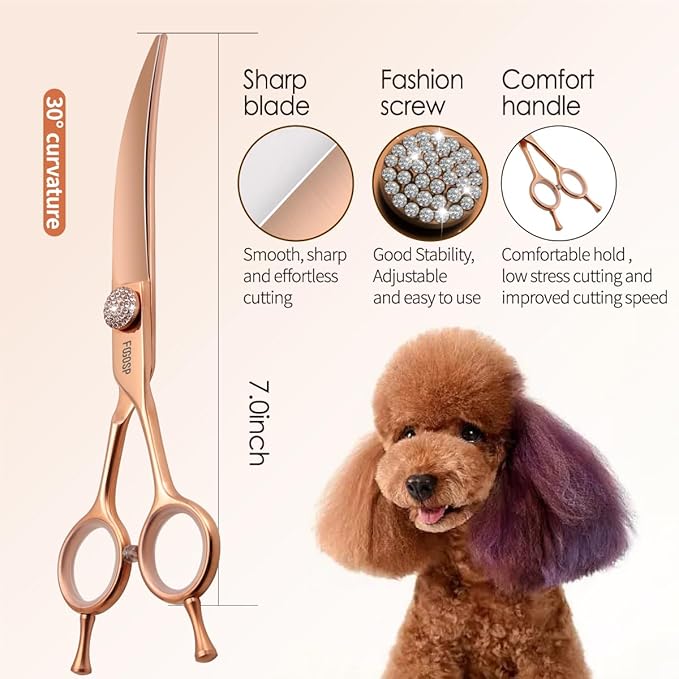 Rose Gold Titanium Curved Dog Grooming Scissors Reverse 7'' Downward 30° with Jewelled Screw Japan 440C Professional Pet Grooming Trimming Shears for Dogs Suzhi Teddy(7,Curved)