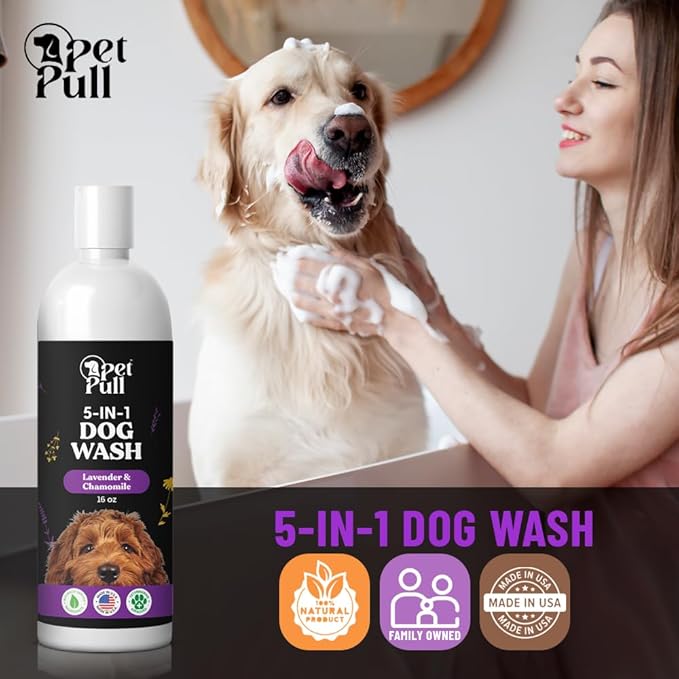 5-in-1 Dog Wash - Plant Based Dog Grooming Supplies for Dogs Cleanses - Skin Care Dog Wash Shampoo - Sulfate Free, All Natural Puppy Wash -Lavender and Chamomile Scent -Made in USA (16 Fl Oz)