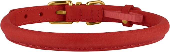 BRONZEDOG Rolled Leather Dog Collar with QR ID Tag Adjustable Soft Round Collars for Small Medium Large Dogs Puppy Cat (16" - 19" Neck Size, Classic Red)
