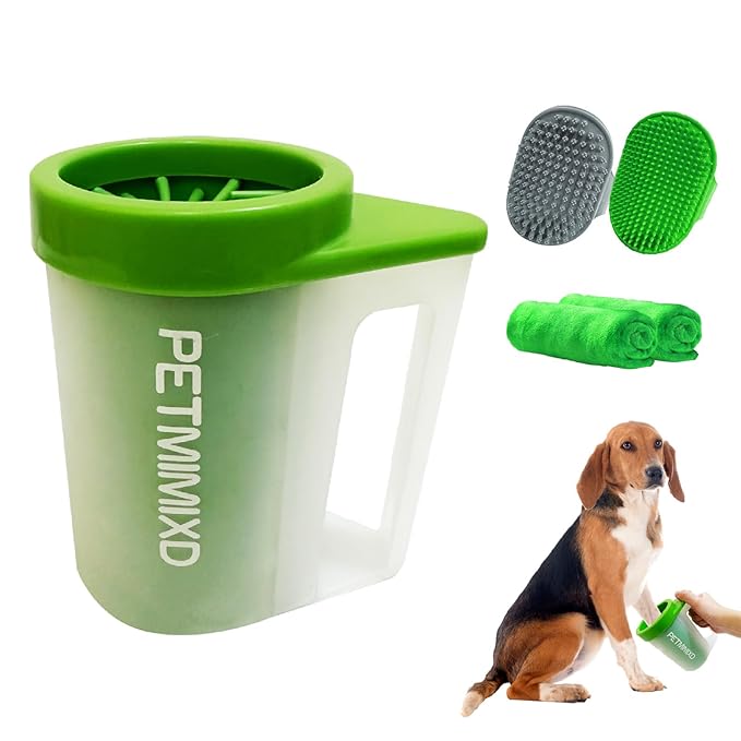 Paw Cleaner with Handle for Dogs (with 2 Absorbent Towels & 2 Adjustable Bath Brushes for Short and Long Hair), Muddy Foot Washer, Green, Medium