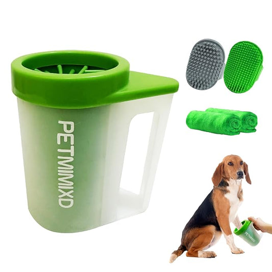 Paw Cleaner with Handle for Dogs (with 2 Absorbent Towels & 2 Adjustable Bath Brushes for Short and Long Hair), Muddy Foot Washer, Green, Medium