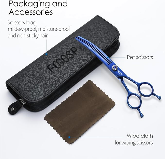 Professional Curved Chunkers Shears Dog Grooming 7.25'' Blue Curved Thinning Dog Grooming Scissors for Large Dogs Pet 35 Teeth Japan 440C(Curved Chunkers)