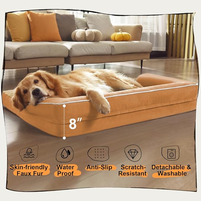 Large Dog Bed Orthopedic Washable, Orthopedic Dog Beds for Large Dogs with Washable Cover, Removable Bolster and Non-Slip Bottom Orange Large Dog Beds, XL XLarge Extra Large Dogs