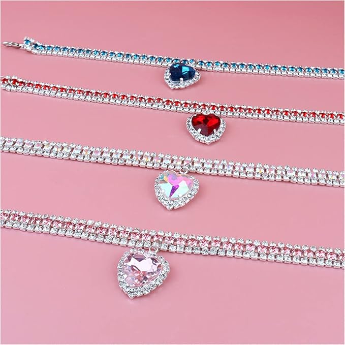 Pet Collar Accessories Cat and Dog Collar Love Pendant Three Row Diamond Necklace Adjustable Collar (7.8-9.8IN)