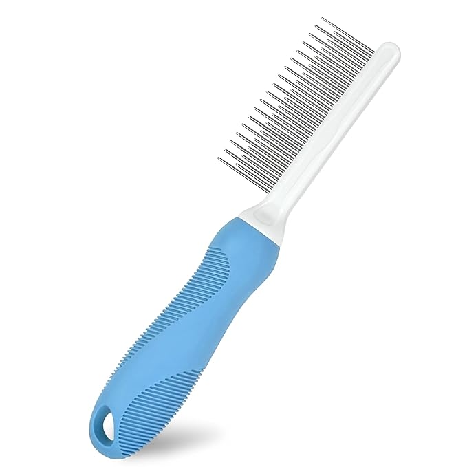Detangling Pet Comb for Dog & Cat, Grooming Comb with Long & Short Stainless Steel Teeth, Safely Remove Knots & Tangles for Healthy Shiny Coat, Gentle Effective Detangling Tool for Pet Hair (Blue)