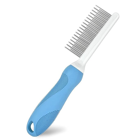 Detangling Pet Comb for Dog & Cat, Grooming Comb with Long & Short Stainless Steel Teeth, Safely Remove Knots & Tangles for Healthy Shiny Coat, Gentle Effective Detangling Tool for Pet Hair (Blue)
