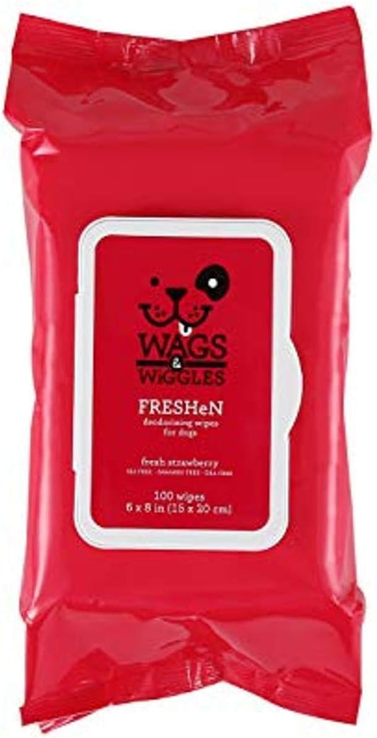 Wags & Wiggles Freshen Deodorizing Wipes for Dogs | Eliminate Odors from Your Dog's Coat | Fresh Strawberries, 100 Count | Easy and Convenient Way to Freshen Your Pet Without A Bath