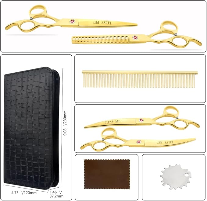 LILYS PET Professional PET DOG Grooming Coated Titanium scissors suit Cutting&Curved&Thinning shears (7.0 inches, Gold)…