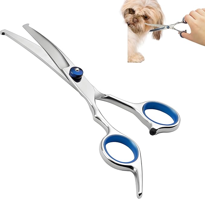 Curved Dog Grooming Scissors with Safety Round Tips, Light Weight Professional Pet Trimming Grooming Shears 4CR Stainless Steel for Nose Hair,Ear Hair,Face Hair,Paw Hair for Dogs and Cat