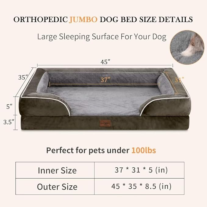 Jumbo Breed Dog Bed, Jumbo Dog Bed for Extra Large Dogs, Waterproof Orthopedic Dog Bed, PV Washable Dog Sofa Bed with Removable Cover & Non-Slip Bottom(Jumbo,Dark Green)
