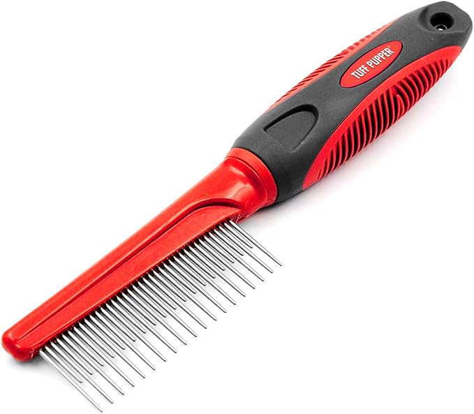 Tuff Pupper Dual Length Detangling Dog Comb | Short and Long Teeth Outer & Inner Coat | Ergonomic Pet Detangling Combs | No-Slip Safety Handle For Precision Control | Rounded Tips Prevent Scratching