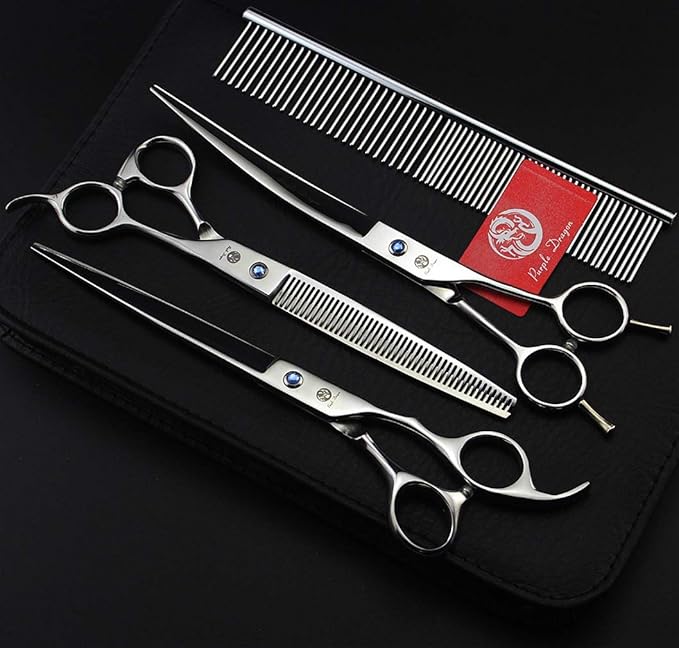 Purple Dragon 8.0 inch Dog Hair Cutting, Curved and Thinning Scissor Shears Pet Grooming Tool Kit