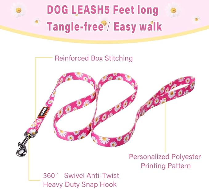 QQPETS Dog Harness Leash Set Adjustable Heavy Duty No Pull Halter Harnesses for Small Medium Large Breed Dogs Back Clip Anti-Twist Perfect for Walking (L(23"-32" Chest Girth), Daisy)