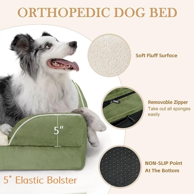 Orthopedic Dog Beds Extra Large, XL Dog Bed, Waterproof Dog Bed with Bolster, Washable Dog Bed Sofa with Removable Cover & Non-Slip Bottom(X-Large,Light Green)