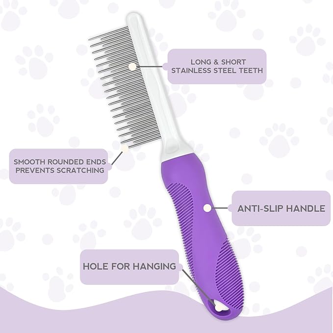 Detangling Pet Comb for Dog & Cat, Grooming Comb with Long & Short Stainless Steel Teeth, Safely Remove Knots & Tangles for Healthy Shiny Coat, Gentle Effective Detangling Tool for Pet Hair (Purple)
