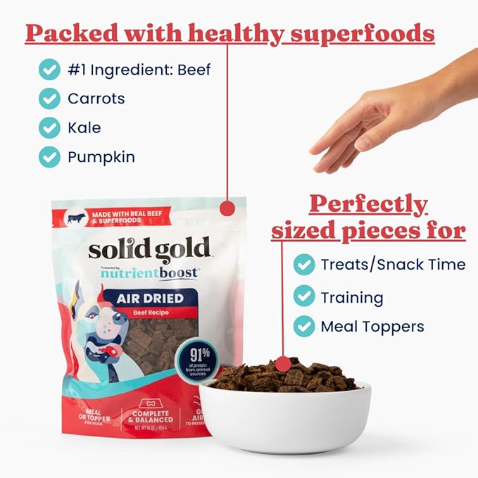 Solid Gold Air Dried Dog Food Toppers for Picky Eaters - Healthy Dog Treats Made with Real Beef to Serve as Meal Topper or Dog Treat - Supports Muscle Growth, Immunity, and Healthy Digestion - 4 oz