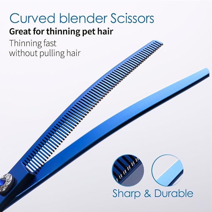 Professional Curved Thinning Shears Dog Grooming Scissors 7.25'' Blue Curved Blender Shears for Grooming Large Dogs Pet 66 Teeth Japan 440C(Curved Thinning)