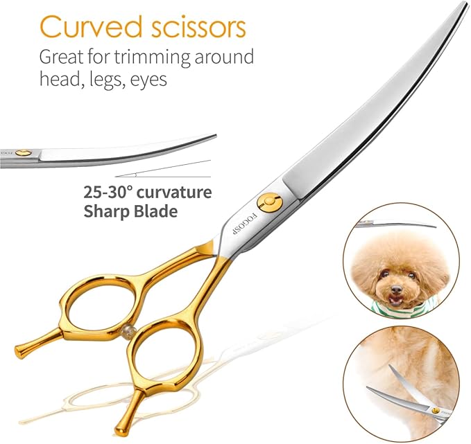 Professional 7.5" Dog Grooming Scissors Kit 4pcs, JP 440C Stainless Steel Curved Blender Straight Chunker Shears for Dog Cat and Pets (7.5 in Kit, Gold)