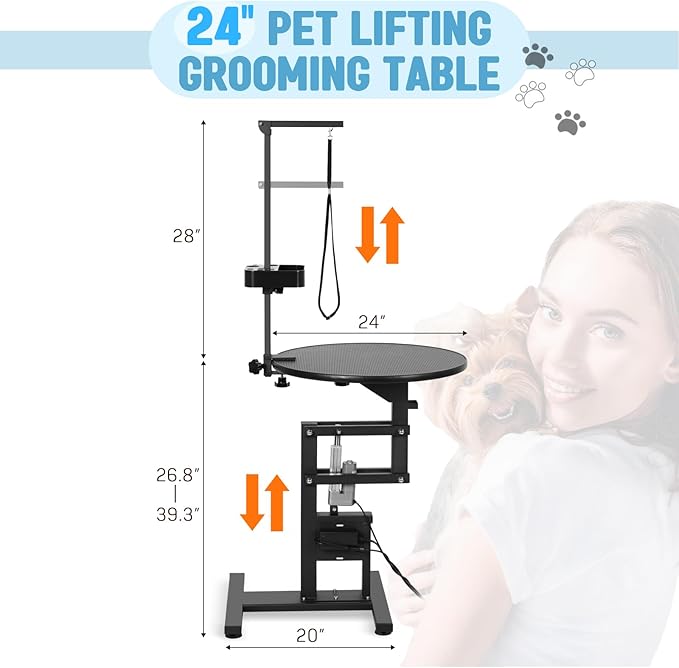 PullaFun 24" Electric Dog Grooming Table, Adjustable Overhead Arm Dog Grooming Table, Rotating Desktop Pet Grooming Table, Suitable for Household Dogs, Non-Slip Table, Black