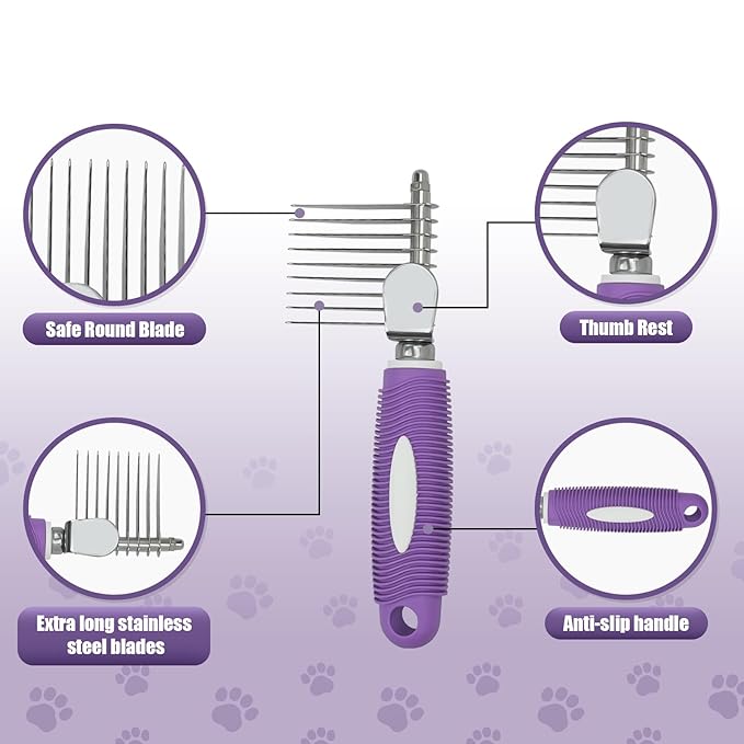 Detangling Pet Comb for Dog & Cat, Grooming Comb with Long & Short Stainless Steel Teeth, Safely Remove Knots & Tangles for Healthy Shiny Coat, Gentle Effective Detangling Tool for Pet Hair (Violet)