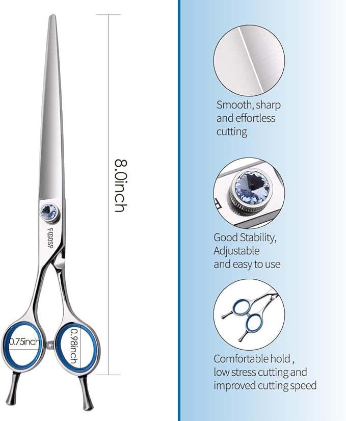 Japanese 440C Stainless Steel Dog Scissors - Super Sharp 8.0'' Straight Left Handed Large Dog Shears for Grooming Poodle