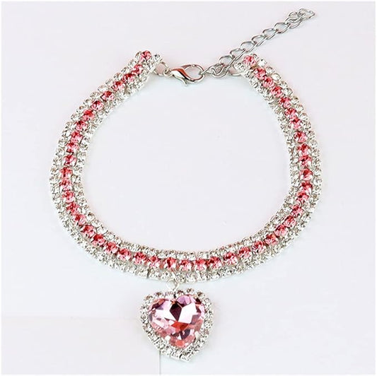 Pet Collar Accessories Cat and Dog Collar Love Pendant Three Row Diamond Necklace Adjustable Collar (7.8-9.8IN)