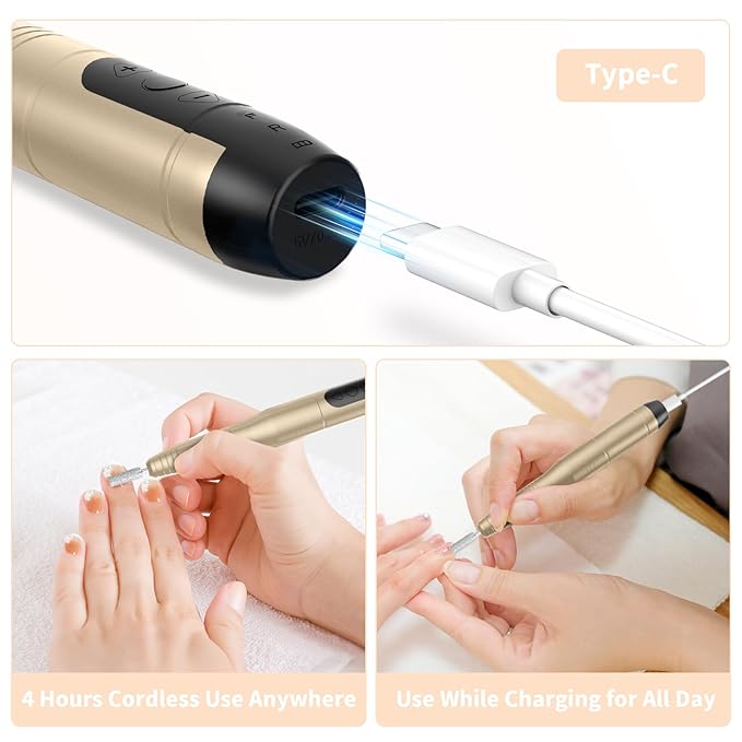 JISHO Nail Drill, Portable Electric Nail Drill Machine for Acrylic Nail Kit, Cordless with Max 15000 RPM, 12 in 1 Kit Electric Nail File Efile Nail Drill Gift for Beginner and Professional (Yellow)
