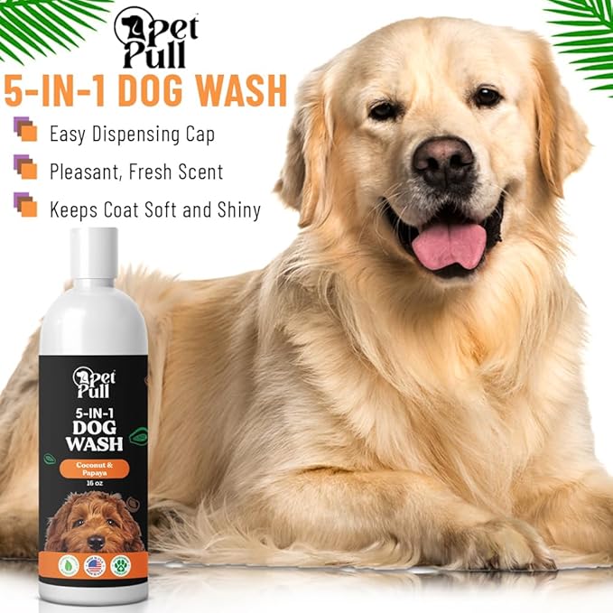 5-in-1 Dog Wash - Plant Based Dog Grooming Supplies for Dogs Cleanses - Skin Care Dog Wash Shampoo - Sulfate Free, All Natural Puppy Wash -Coconut and Papaya Scent -Made in USA (16 Fl Oz)