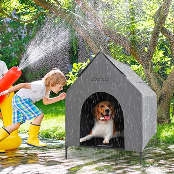 29" 2-in-1 Dog House for Medium Dogs, Elevted Dog House Outdoor/Indoor, Puppy Shelter Outside,Water Resistant 600D PVC and Durable 2x1 Textilene Raised Dog Bed