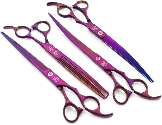 Moontay Professional 8.0" Dog Grooming Scissors Set, 4-pieces Straight, Upward Curved, Downward Curved, Thinning/Blending Shears for Dog, Cat and Pets, JP Stainless Steel, Purple