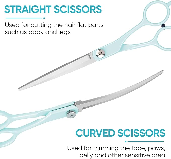 Dog Cat Grooming Scissors Kit,Pet Grooming scissors Set,Dog Scissors for Grooming,Incude Thinning,Straight,Curved Grooming Scissors and Comb for dogs, cats.
