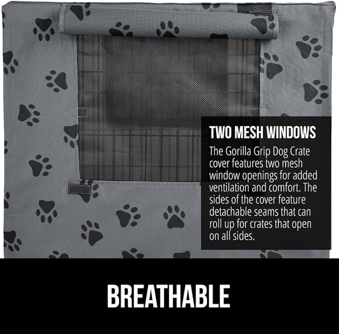 GORILLA GRIP Dog Crate Covers compatible with Amazon Basics Dog Crates, All Sides Open, Privacy Cover Fits 42" Wire Kennel, Breathable Mesh Windows, Light Reducing Puppy Training Cage Topper, Gray Paw
