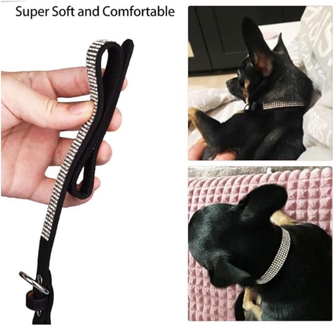 Bling Small Dog Collar Leash Set, Puppy Collar with Rhinestone Crystal Diamond Glitter Female Girls Cat Collars for XXS XS Small Medium Large Dogs Chihuahua Poodle Yorkshire (Black XXL)