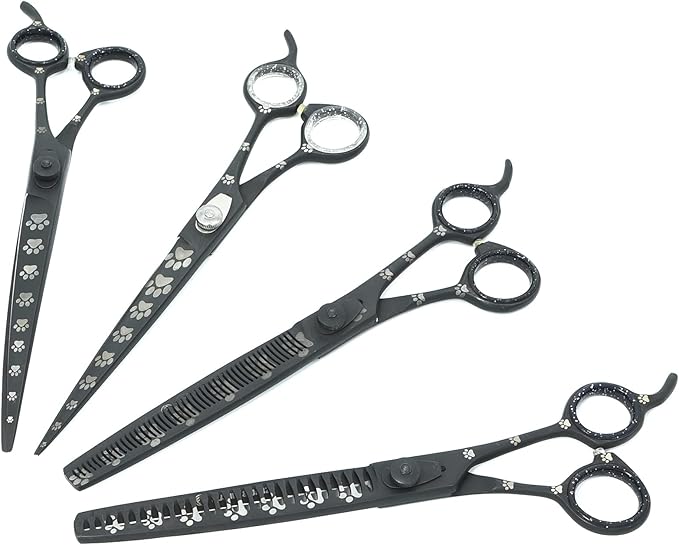 Professional Dog Grooming Scissors Set of Straight, Curved, Thinner/Blender and Chunker Shears with Paw Prints for Dogs, Cats & Pets (Right Handed, Black, Stainless Steel 8 Inch)