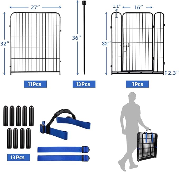 ADAVIN 32 in(H) Garden Fences and Borders,1 Gate+11 Panels Dog Fence Outdoor for Yard, Temporary Fence, Flower Garden Fencing, Heavy Duty Iron Metal Animal Barrier Fence,Total 26.6 Ft(L),Black