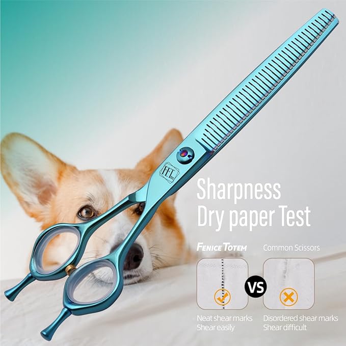 Dog Grooming Scissors: Blueish Green 7 inch Pet Blender Shears Made Of Japanese 440C Advanced Stainless Steel Professional Grooming Scissors for Dogs Cats and Other Pets