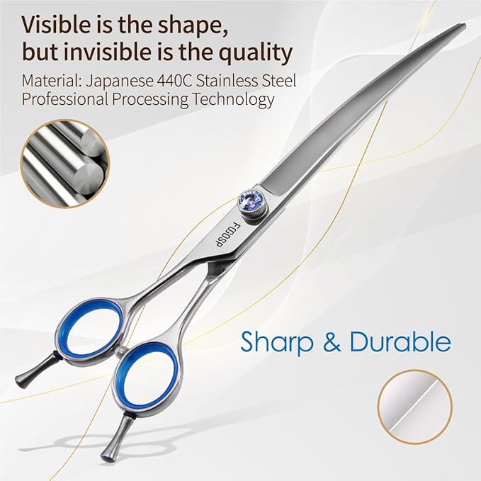 Left Handed Curved Scissors for Dog Grooming Professional 8 inch Long Downward Curved Shears Dog Grooming for Poodle Large Dog Pet 30°Japanese 440C Stainless Steel (8.0 curved)