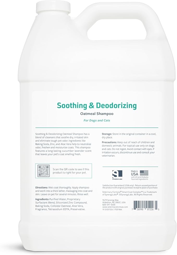 Veterinary Formula Smart Coat Complex Soothing and Deodorizing Oatmeal Shampoo for Dogs, 128 Fl oz – Baking Soda Eliminates Odors, Aloe Vera & Oatmeal Cleanse and Hydrate Skin – Long-Lasting Fragrance