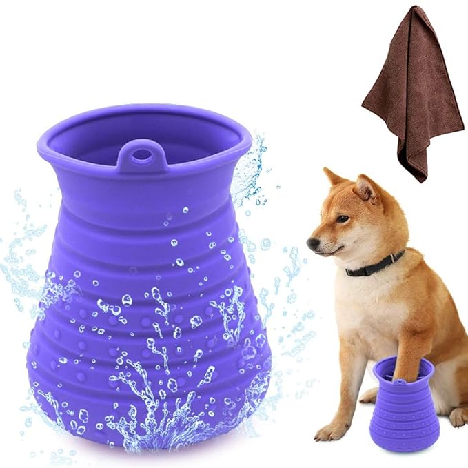 Idepet Dog Paw Cleaner Cup with Towel Pet Foot Washer Protable Dogs Cleaning Brush for Puppy Cats Massage Grooming Dirty Claws (Purple)