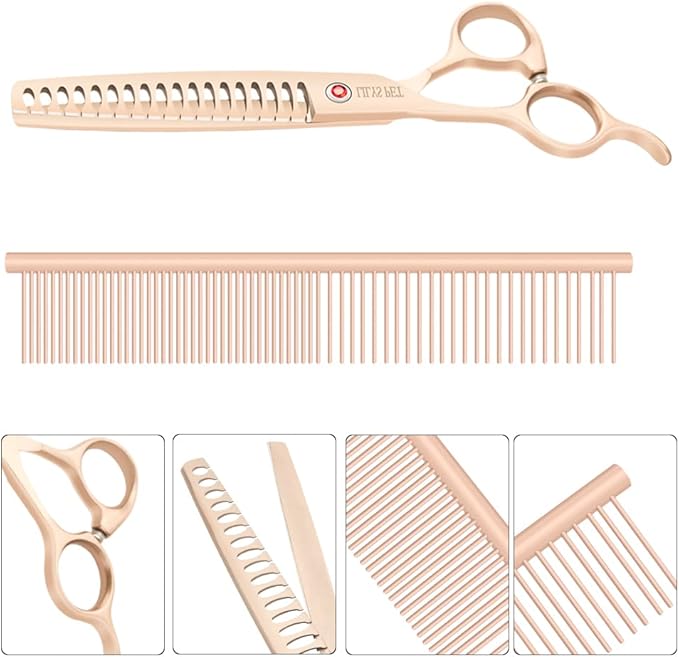 LILYS PET Professional PET DOG Grooming scissors Cutting&Curved&Thinning shears,Round Hole Design, Shark Teeth Thinning scissor (7", Gold)