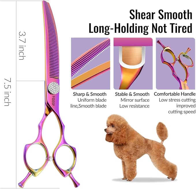 Professional Curved Thinning Shears Dog Grooming Scissors 7.5'' Rainbow Curved Thinner Scissors for Grooming Large Dogs Pet 56 Teeth Japan 440C(Curved Thinner,Rose Red)
