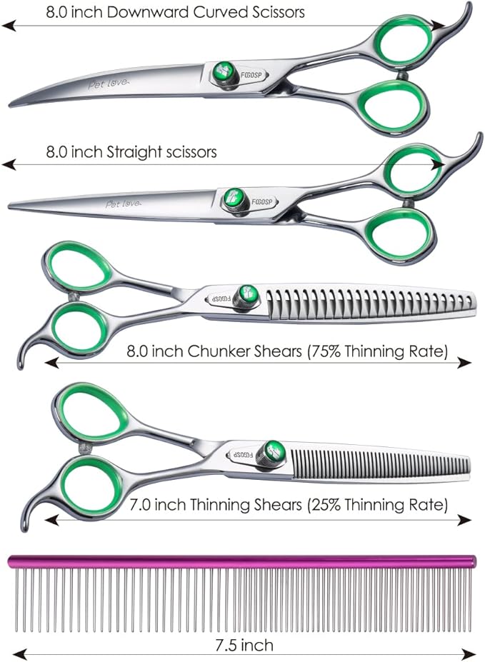 Professional Dog Grooming Scissors Kit 8 in Curved Thinning Straight Chunker Shears and Comb 5pcs Set for Grooming Big Dogs Poodle Pet Japan 440C Stainless Steel