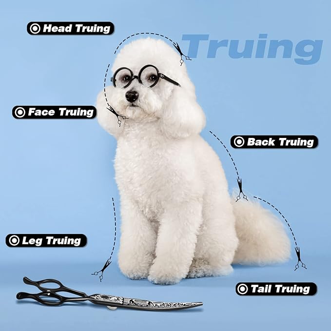 JASON 7" Curved Dog Grooming Scissors, Ergonomic Pets Grooming Thinner Blender Shears Cat Trimming Texturizing with Offset Handle, Stainless Steel, Light Weight, Sharp, Safe, Comfortable