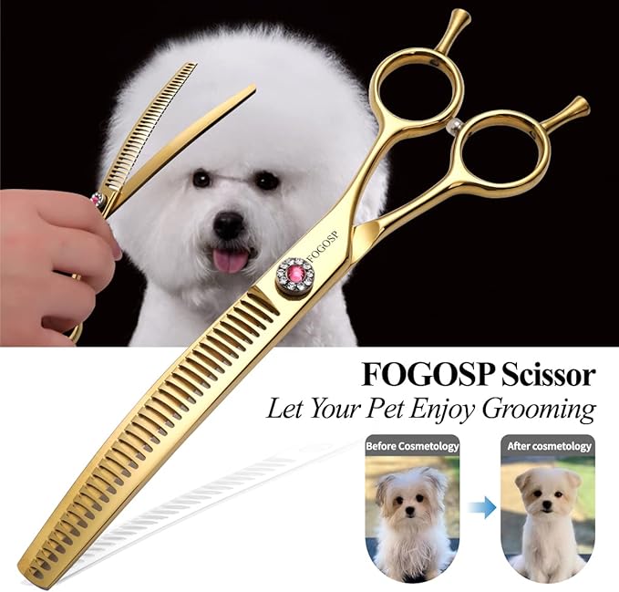 Multipurpose Curved Chunker Shears 7.0'' Professional Dog Grooming Scissors Downward Thinning Shears for Small Medium Pet 75% Thinning Rate(GOLD)