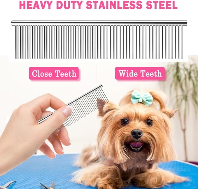 Bamlue 6 in 1 Professional Stainless Steel 4CR Safety Round Tip Dog Grooming Scissors, Anti-Rust Shears Cat Grooming Scissors Pet Kit, Thinning Straight Comb for Long Short Hair-Pink