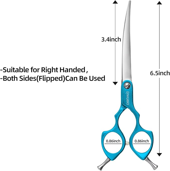 6.5" Curved Grooming Scissors for Dogs 440C Stainless Steel Professional Dog Grooming Scissors with Ultra-Light Aeronautical Aluminum Handle (Blue-Curved)