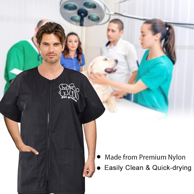 Noverlife Short Sleeves Pet Grooming Work Clothes with Full Zipper, XL Size, Splash Proof Anti-Static Pet Beautician Smock, Dog Cat Groomer Cosmetologist Uniforms for Pet Shop Men Women