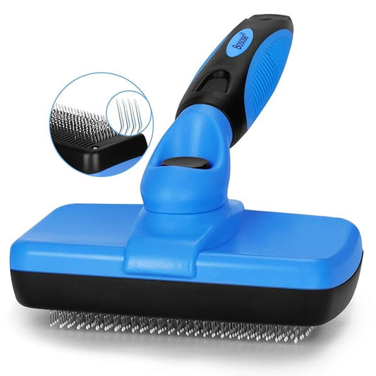 Slicker Brush - Self Cleaning Hair Brush for Dogs, Cats & Bunny - Grooming & Shedding Tool for All Pets - Non Slip Rubber Handle & Soft Bristles - Unisex, Blue