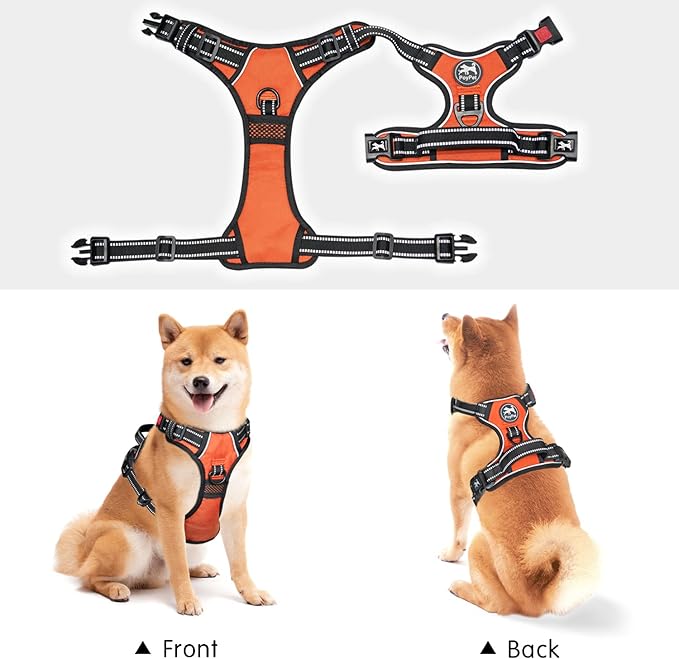 PoyPet No Pull Dog Harness, No Choke Front Clip Dog Reflective Harness, Adjustable Soft Padded Pet Vest with Easy Control Handle for Small to Large Dogs(Orange,S)