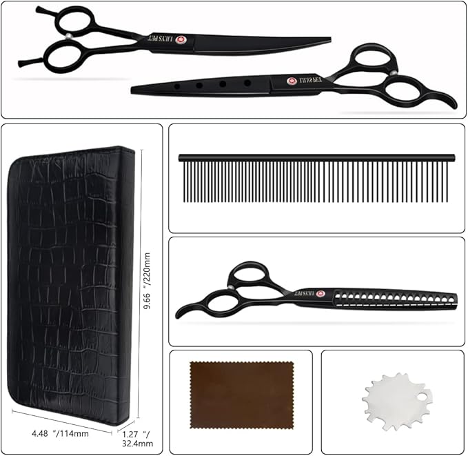 LILYS PET Professional PET DOG Grooming scissors Cutting&Curved&Thinning shears,Round Hole Design, Shark Teeth Thinning scissor (7", Black)